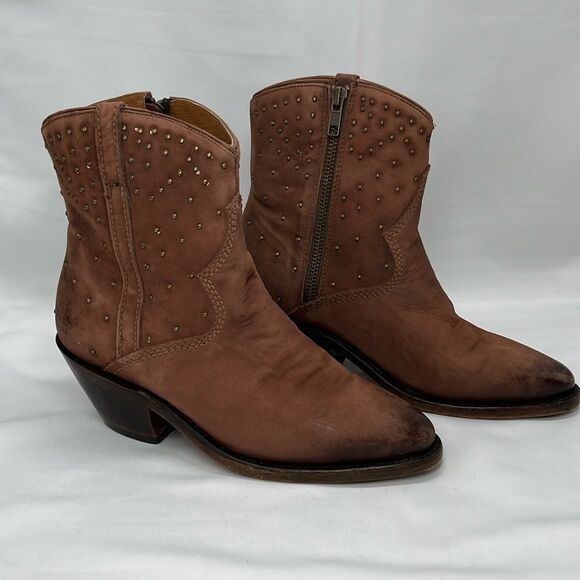 Discontinued Lucchese Brown Suede Ankle Zip Up Cowboy Boots with Studs - Picture 1 of 16